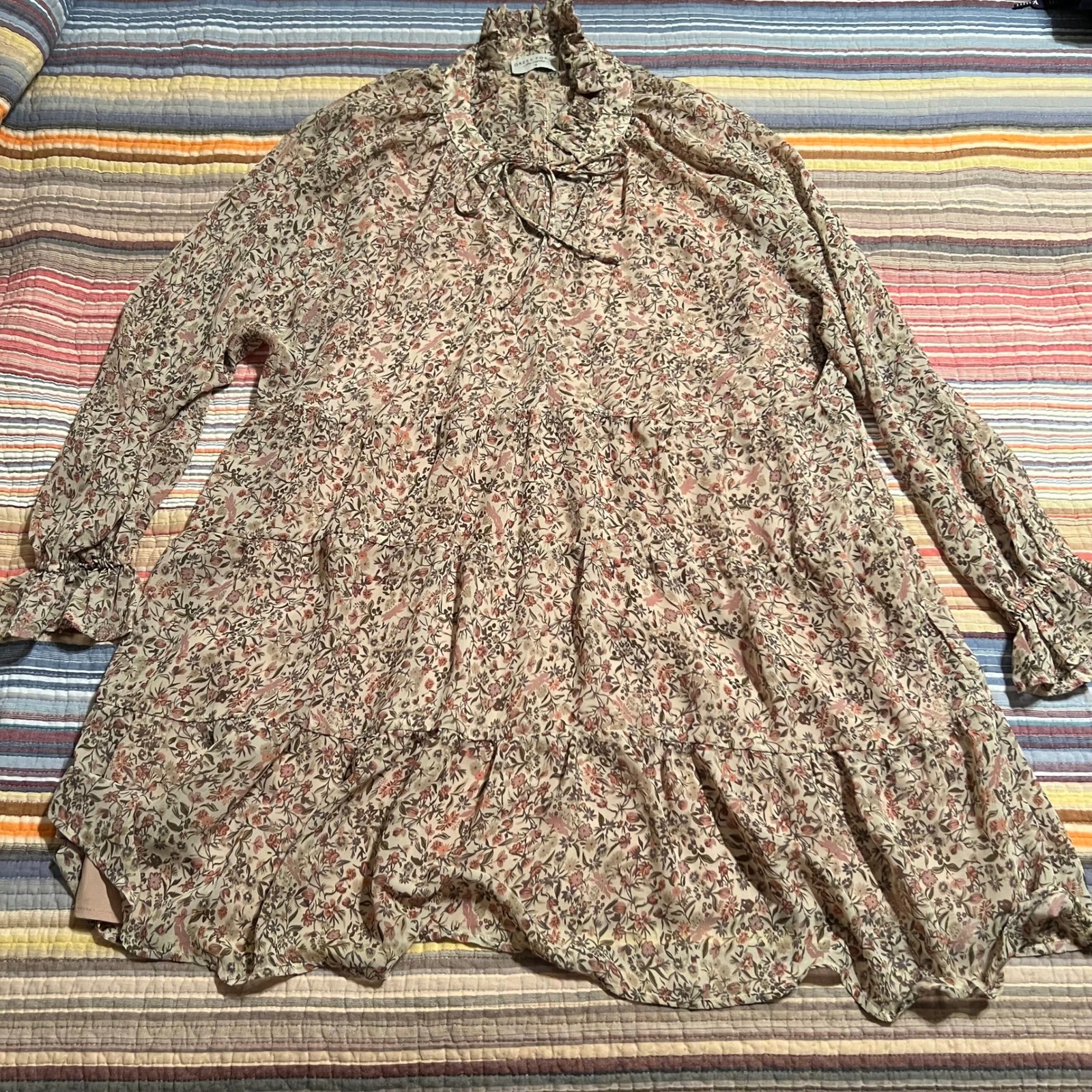 Dress Forum Los Angeles Floral Print Ruffle Mock Neck Mini Dress - S